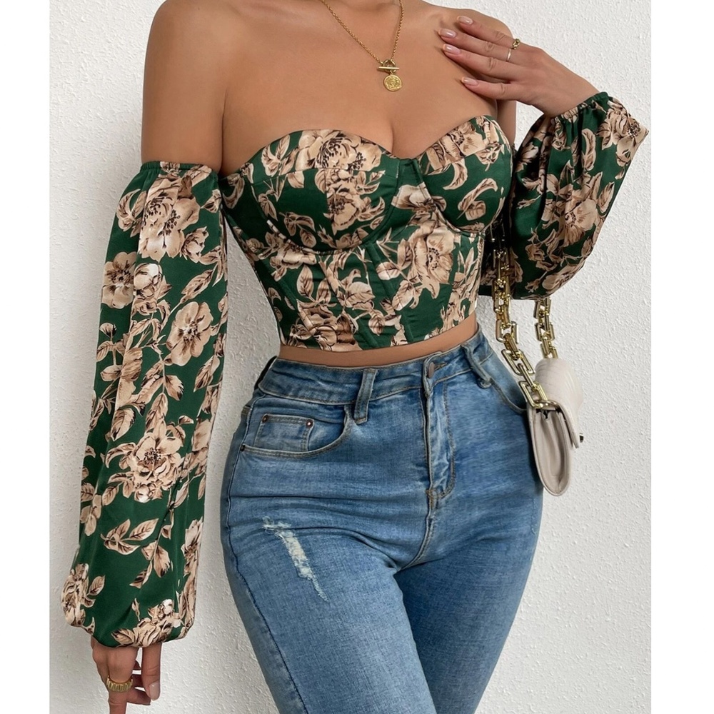 Boho Floral Print Lace up Off Shoulder Corset Top - Picture 5 of 15
